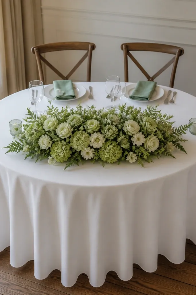 White scalloped table skirt with sage green florals and cream candles on a round table