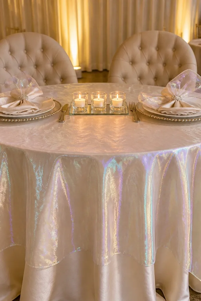 Iridescent organza overlay on linen with pearl-trim details and small white florals