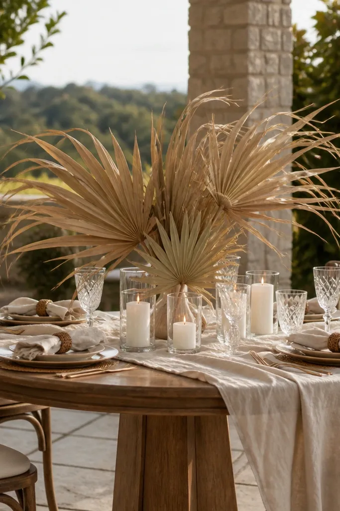 Walnut-toned runner with cream base and dried palm fronds in the center of a round table