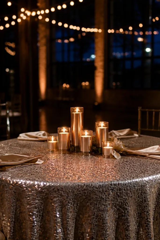Champagne sequin tablecloth with rose gold micro candles centered on a round table