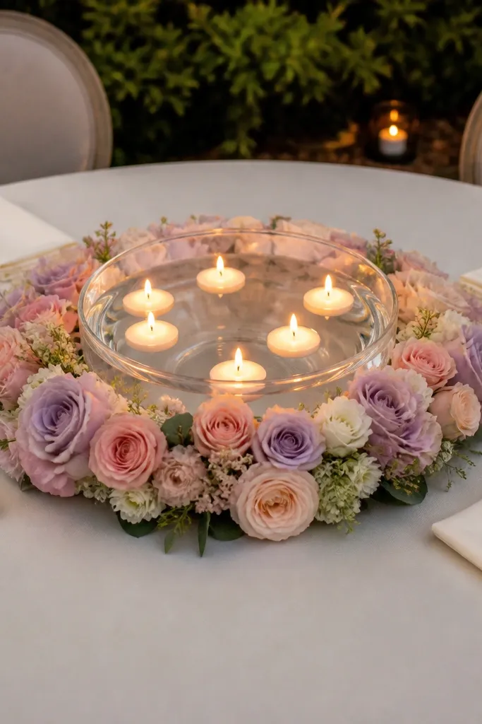 Pastel flower ring with LED floating candles in a shallow round centerpiece bowl