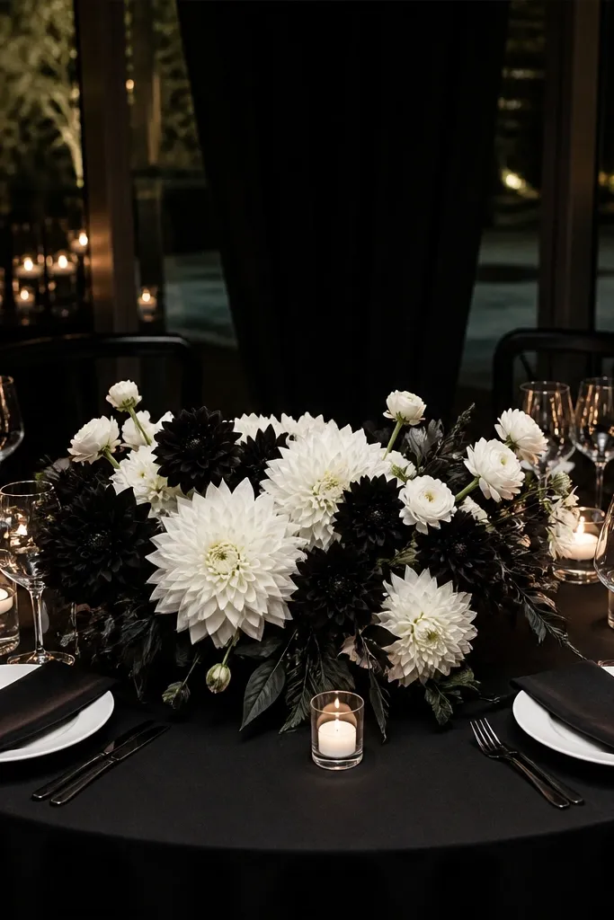 Black-and-white dahlia-style centerpiece with glass votives on a round table