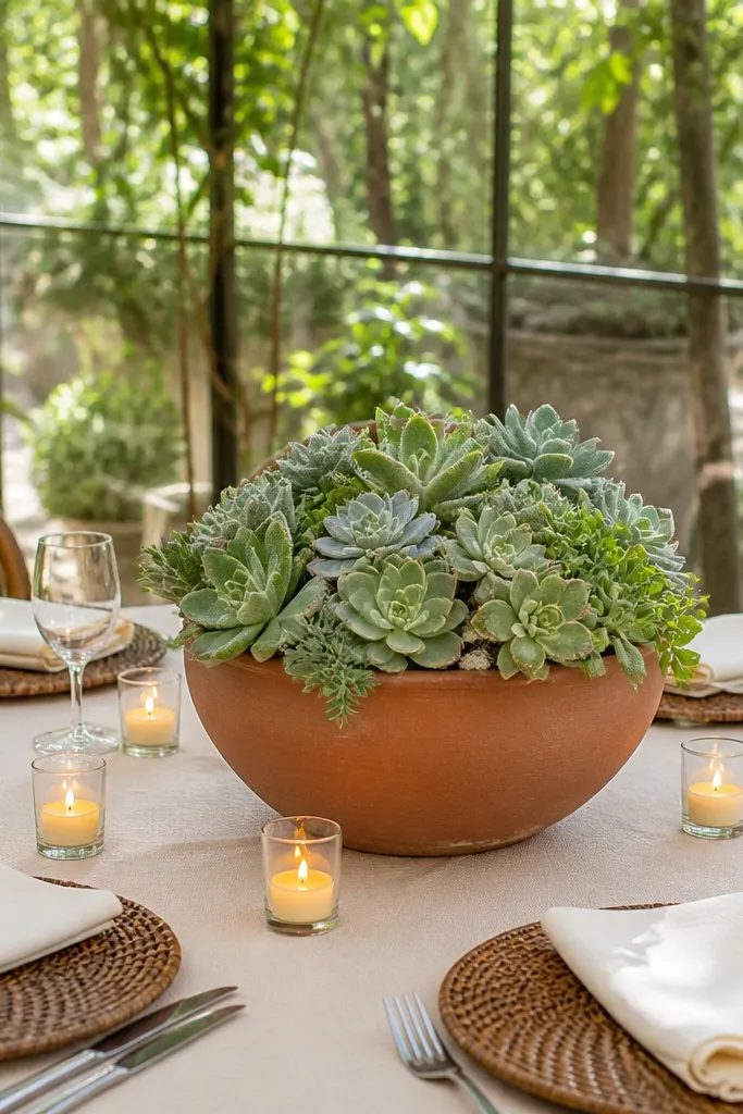 Terracotta planter centerpiece with succulent cuttings and cream taper candles on a round table