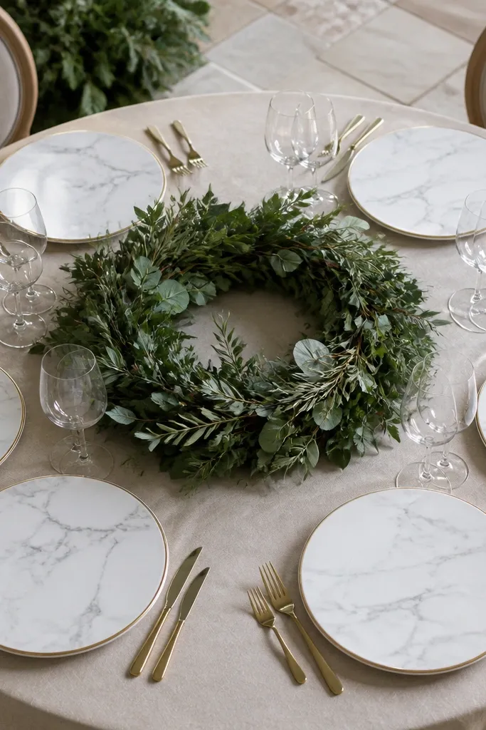 White marble-style chargers with greenery-only centerpiece and small white candles