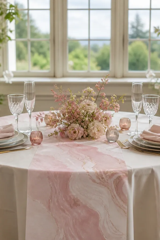 Rose quartz swirl runner with blush micro florals and pale pink candles on a round table