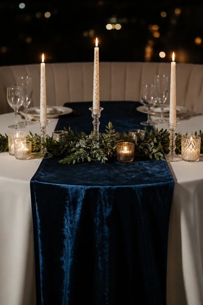 Deep blue velvet runner with white star-shaped candles and small white florals