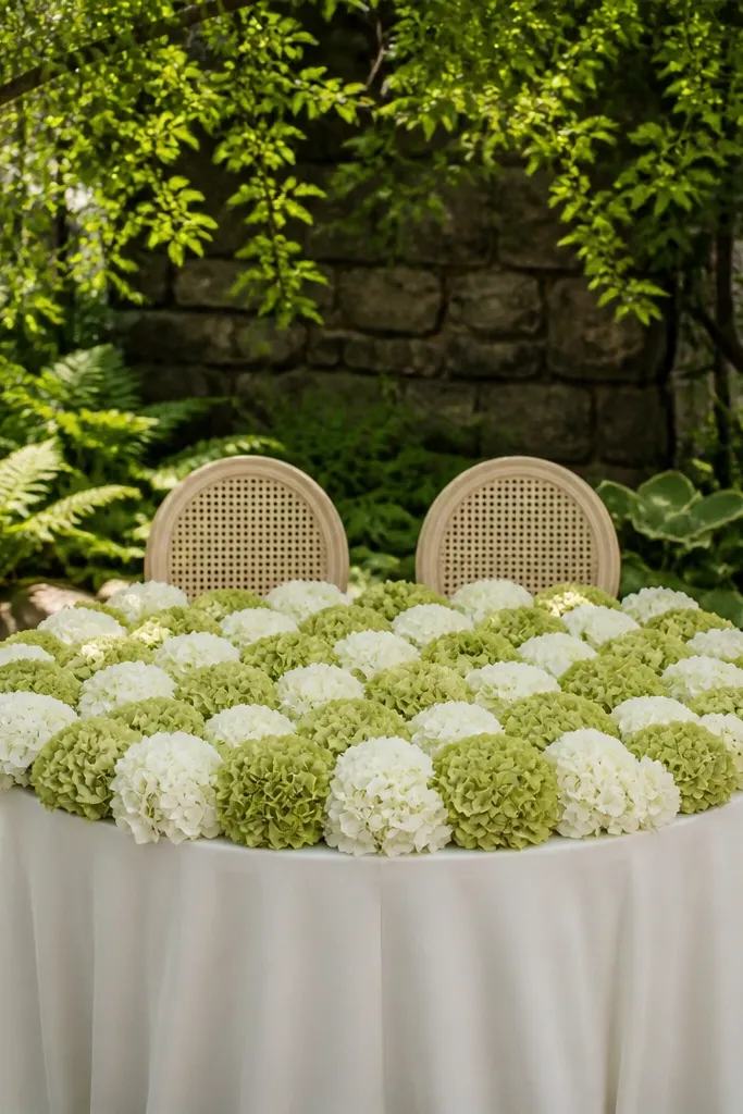 Green-and-white hydrangea-style grid centerpiece with two side lanterns on a round table