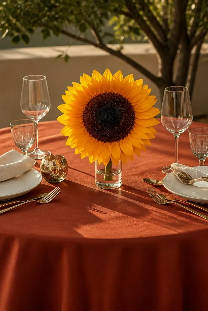 Sunflower centerpiece with burnt orange linens and warm-toned candles on a round table