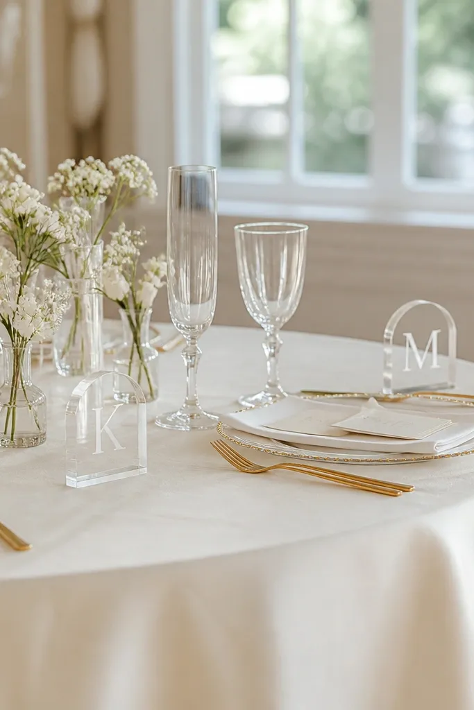 Clear glass bud vases with tiny white flowers and monogrammed acrylic place cards on a round table