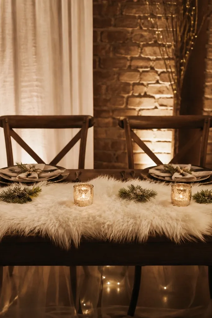 Ivory faux fur runner with candle cups and small greenery tips on a round sweetheart table