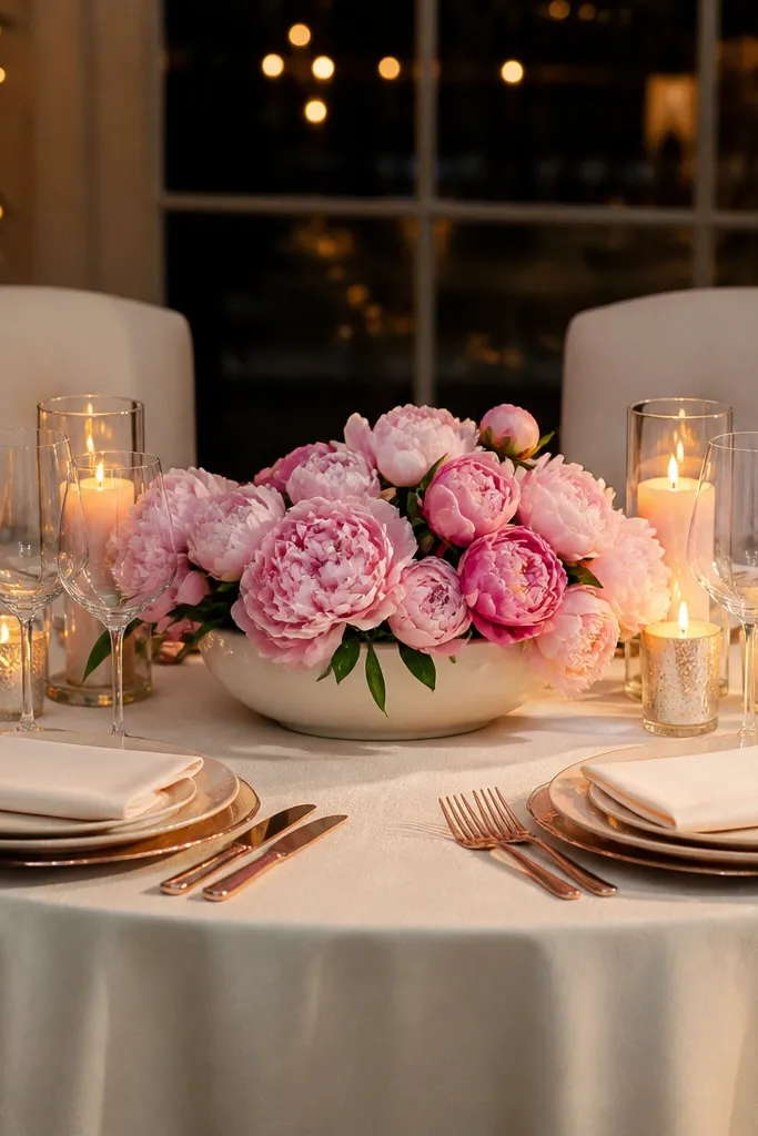 Low bowl centerpiece with soft pink peony-style blooms and rose-gold cutlery on a round table