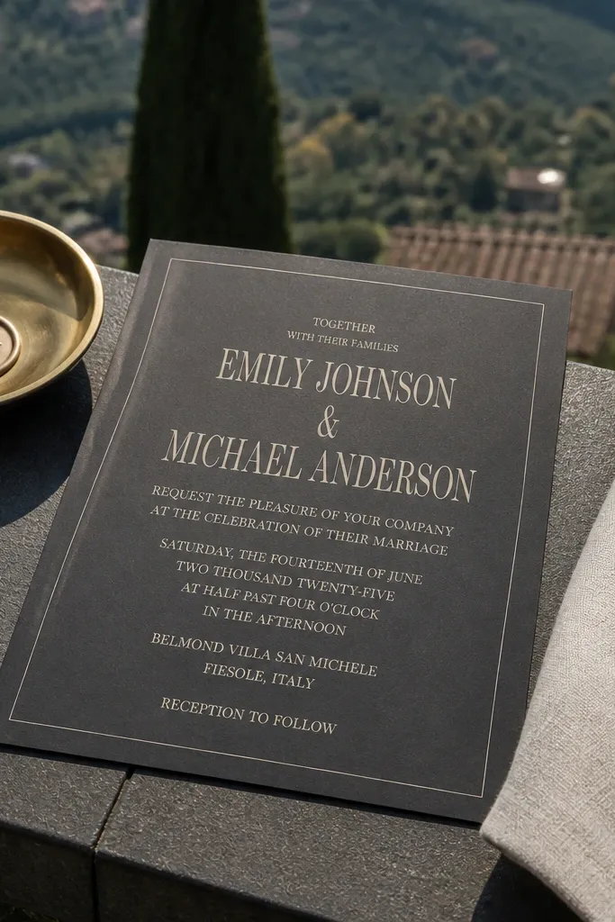 Charcoal wedding card with large cream serif text and a simple centered layout