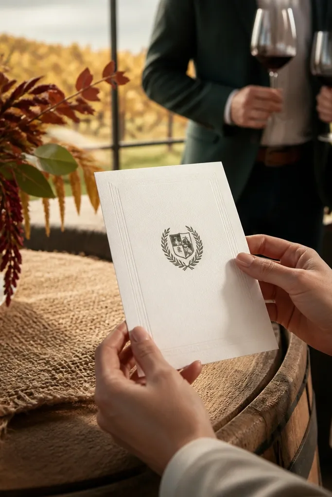 Warm ivory card with subtle raised letterpress text and a small crest seal