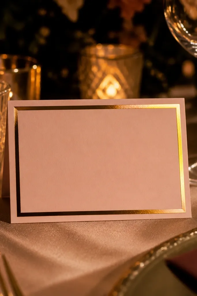 Blush card with thin gold foil border and centered date text