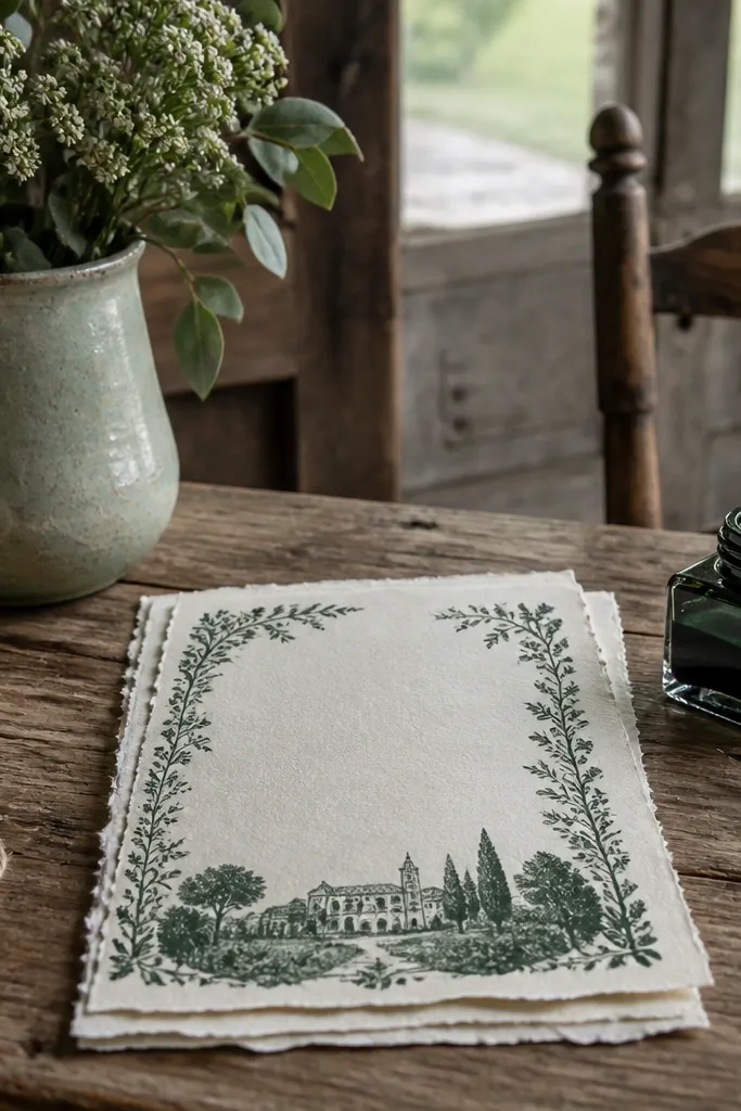 Deckle-edge card in warm paper with deep green text and a small floral accent