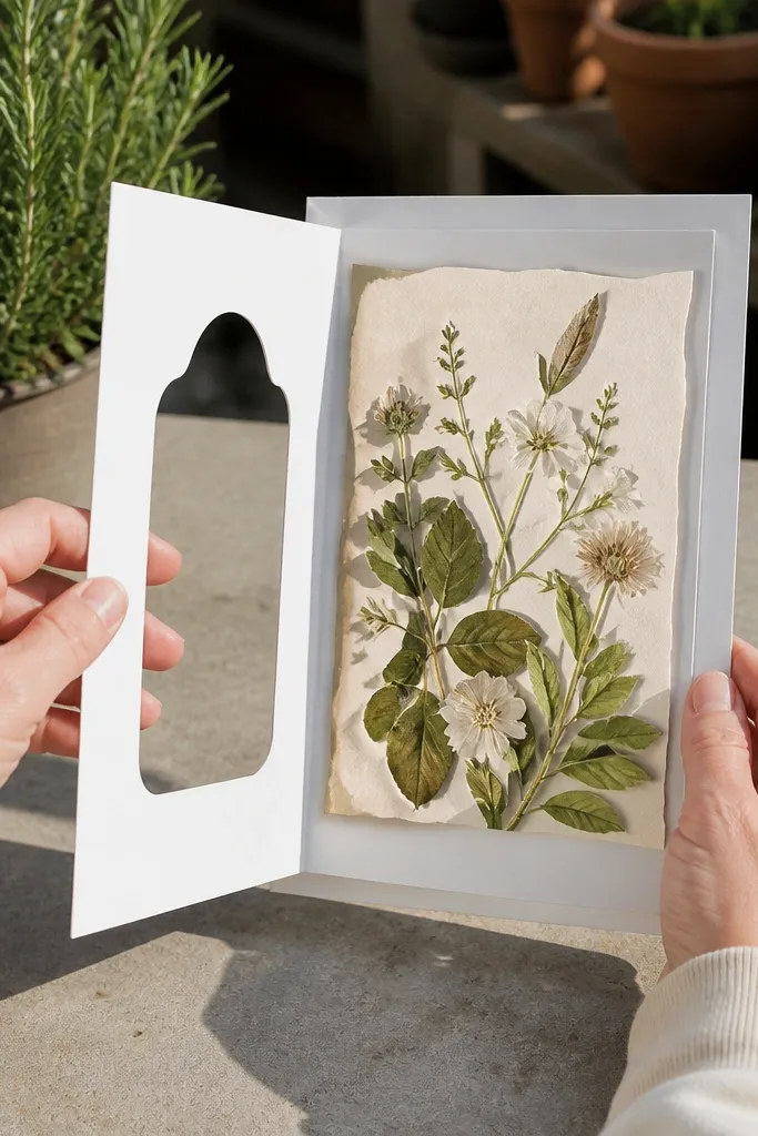 Card with a shaped cutout window showing a layered botanical insert