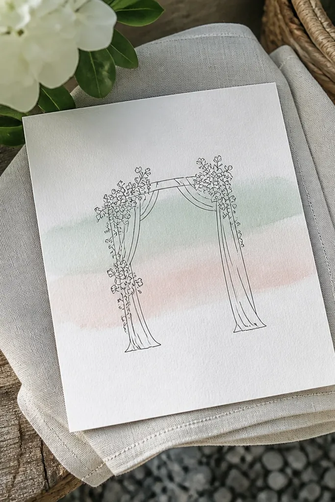 Cream card with thin black line art and a faint watercolor wash behind text