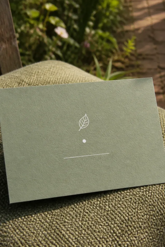 Sage green card with white text and small minimalist icons