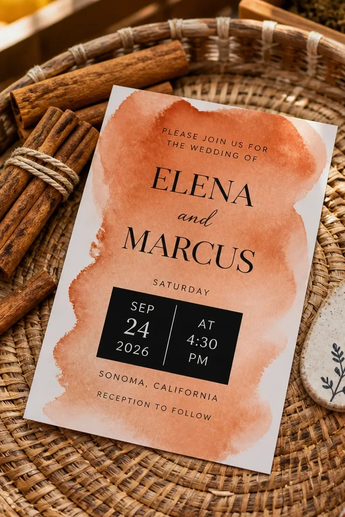 Terracotta watercolor wash with a bold black date block centered
