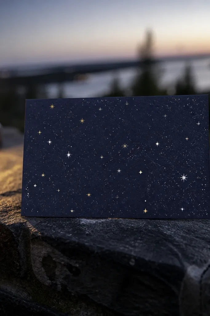 Navy card with subtle star speckle and small gold foil accents