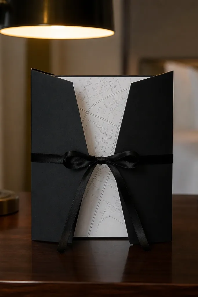 Gatefold invitation with ribbon tie and simple inner text panel