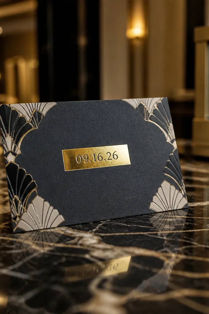 Art deco style black and cream card with a fan pattern and gold foil date