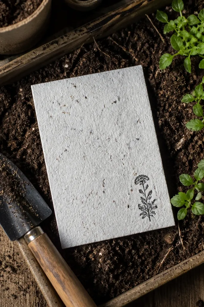 Seed paper card with simple stamped text and a small botanical mark