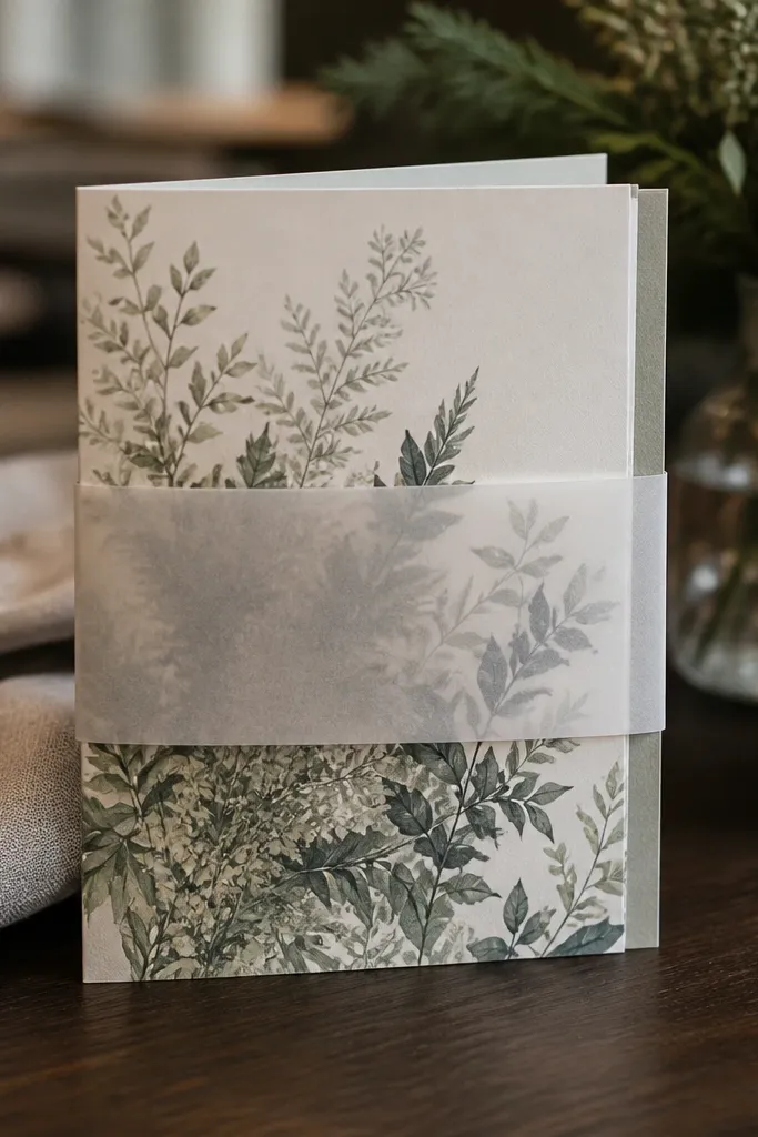 Cream card with tonal foliage illustration and a translucent vellum belly band