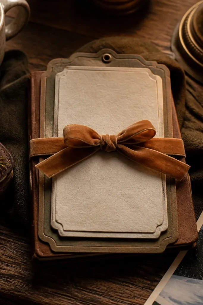 Card with a layered label panel and a small ribbon accent