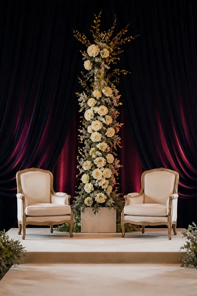 Deep burgundy velvet curtain with a tall center floral column