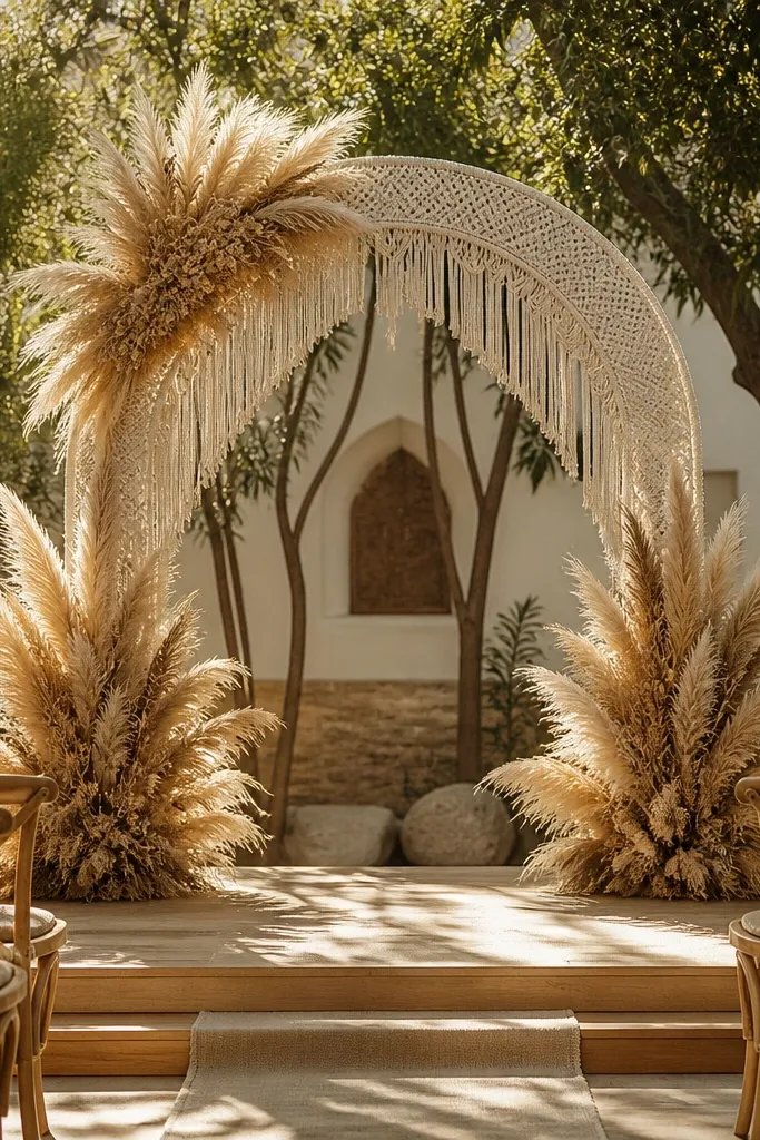 White macramé arch with dried pampas fringe behind a wedding stage