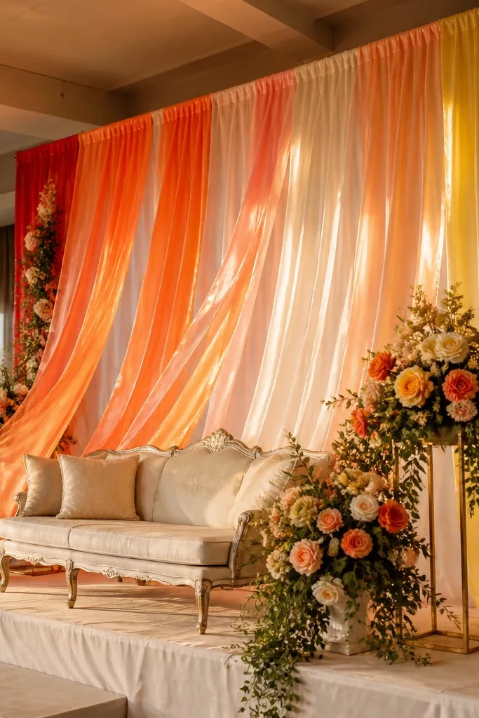Ombre ribbon curtain with flowing colored bands behind a wedding stage