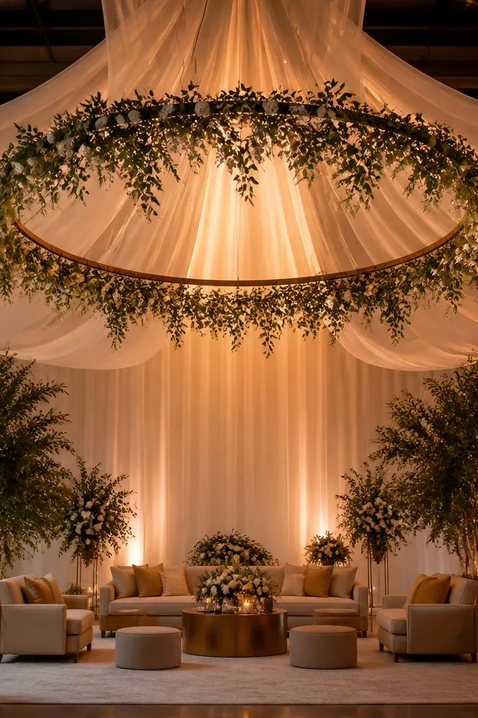 Hanging floral hoops with sheer fabric behind a wedding stage
