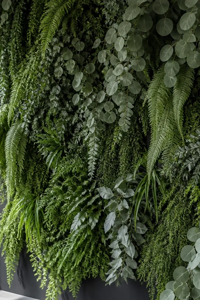 Monochrome green layered greenery wall behind a wedding stage