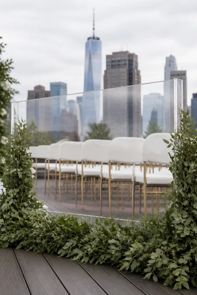 Clear acrylic sign panel with greenery border behind a wedding stage