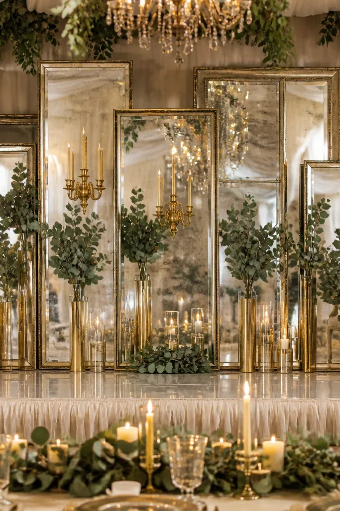 Layered mirror panels with gold candles and eucalyptus on a wedding stage