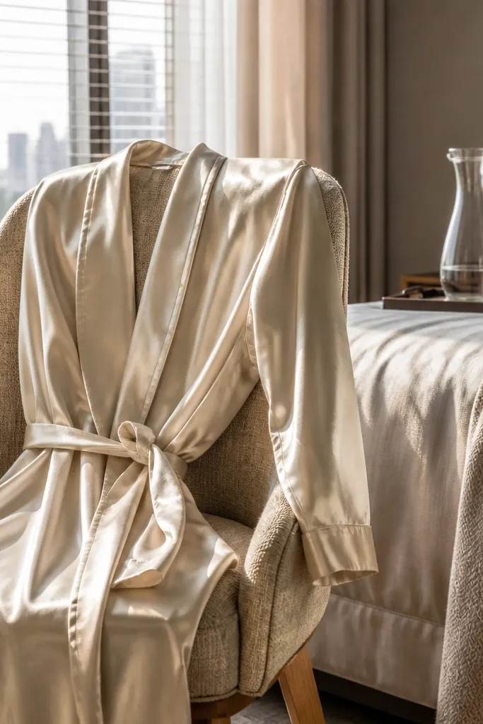 Champagne silk robe laid flat with a satin belt and soft folds