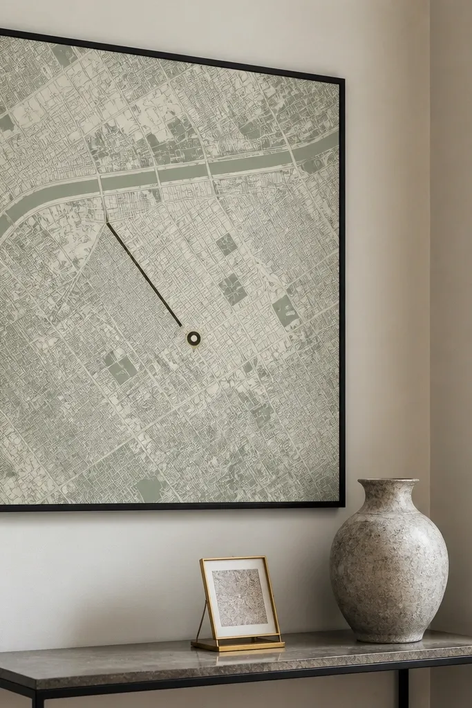 Framed map print with a highlighted dot and muted street lines