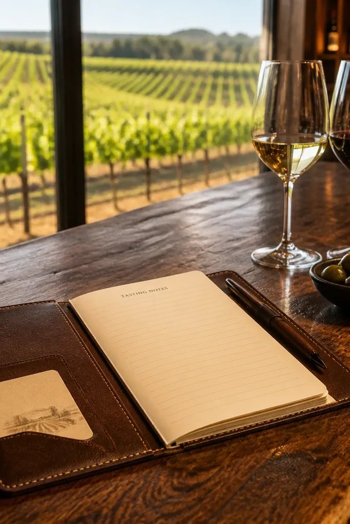 Wine glasses on a wooden table with a small notebook and cork