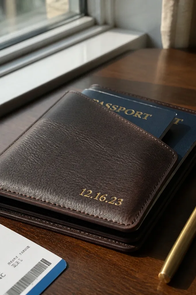 Brown leather passport wallet with a stamped wedding date