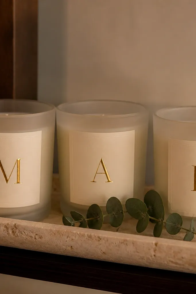 Two matte candles in neutral glass jars with small monogram labels