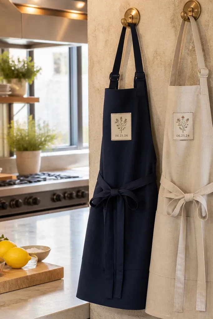 Two aprons hanging side by side in beige and olive fabric