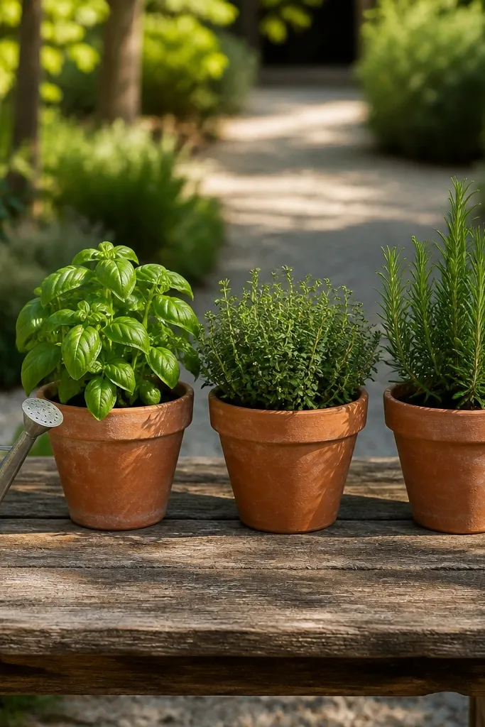 Three terracotta pots with fresh herb seedlings on a sunny windowsill
