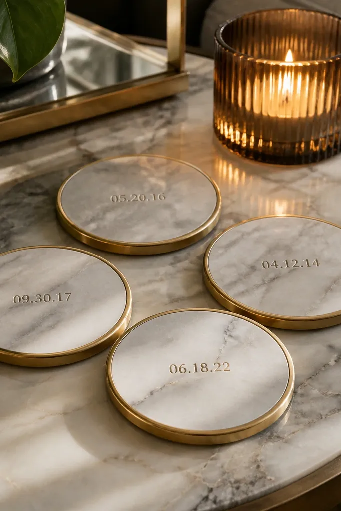Four marble coasters with small brass accents and a gold date
