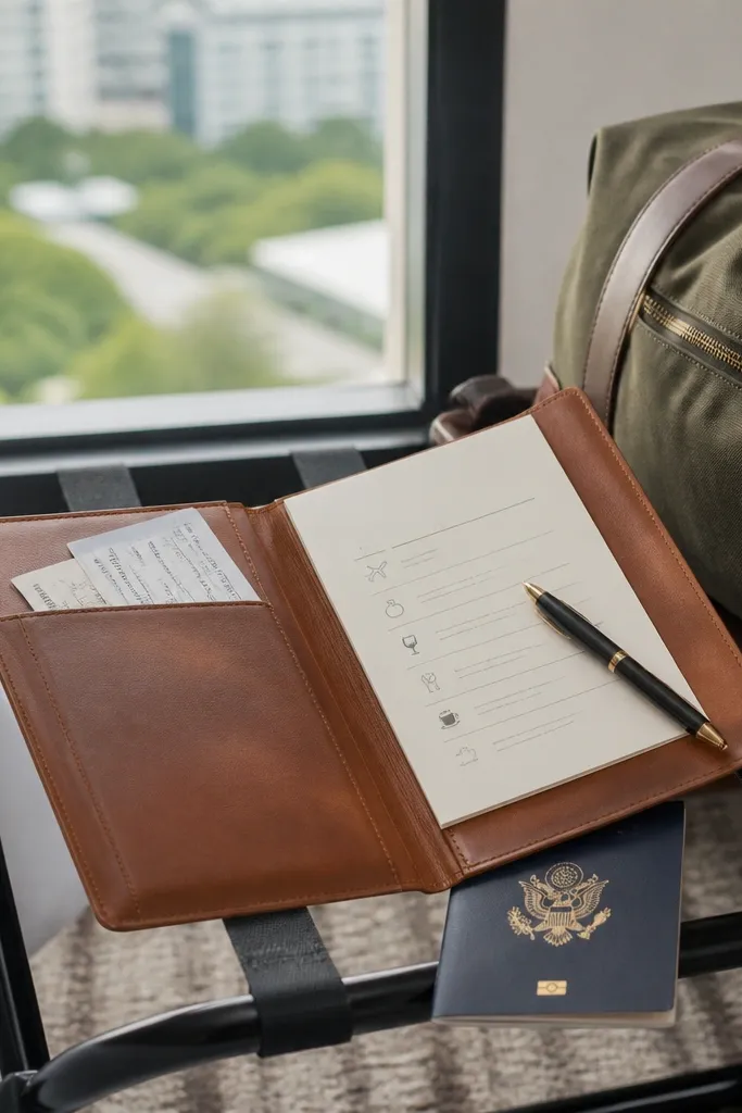 Tan leather folder with inserts and a small itinerary card tucked inside