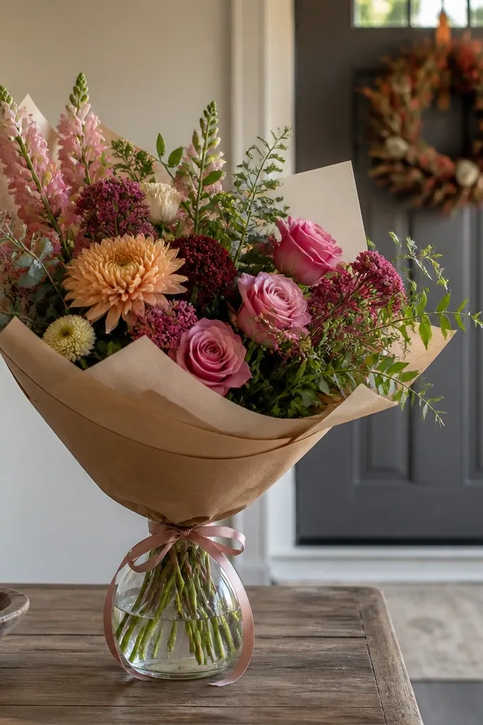 Bouquet wrapped in kraft paper with a tied ribbon on a table