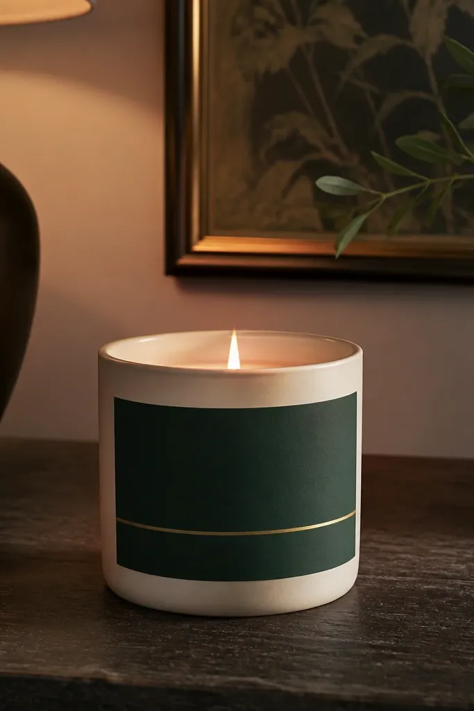 Cream candle jar with a label in deep green and warm gold