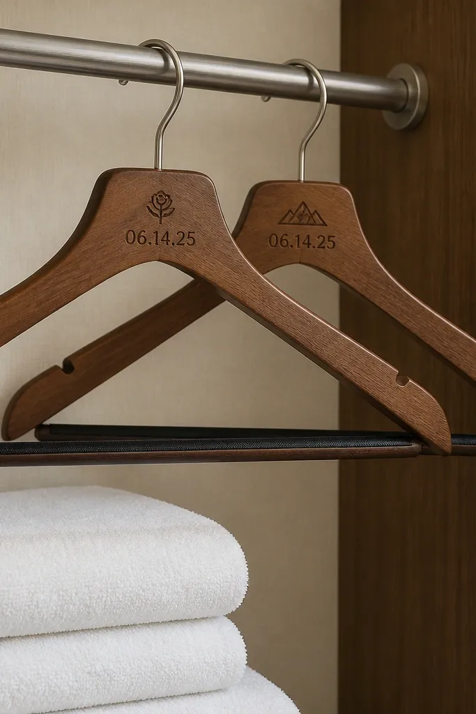 Wood hangers with wedding date and tiny heart icons in gold