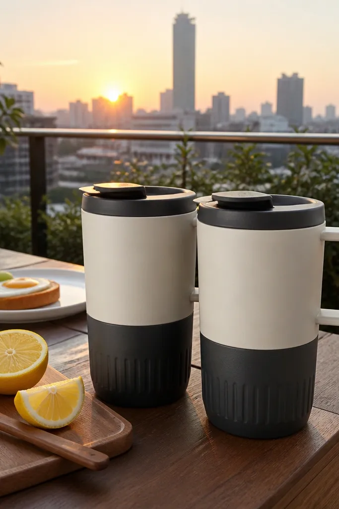 Two matching insulated travel mugs in matte cream and charcoal