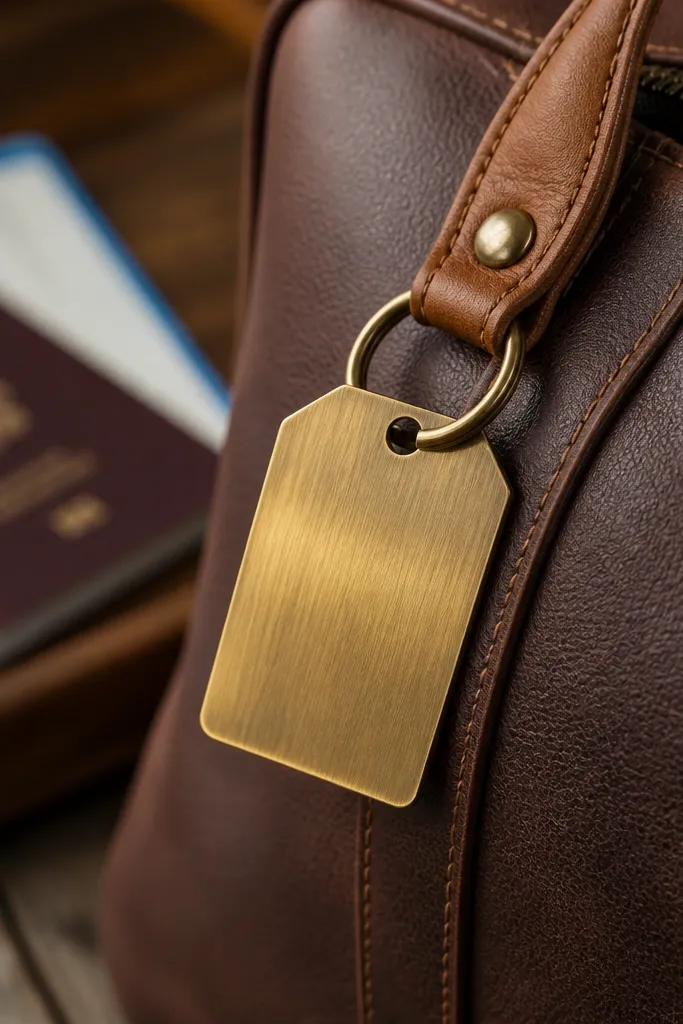 Brown leather keychain strap with a small brass tag engraved with coordinates